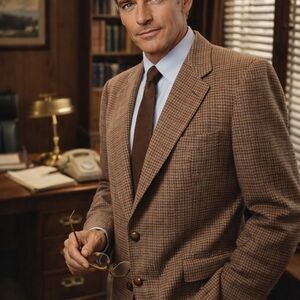 VTG HALSTON Mens Tweed 100% Camel Hair Sport Coat Blazer Two Button Brown Plaid